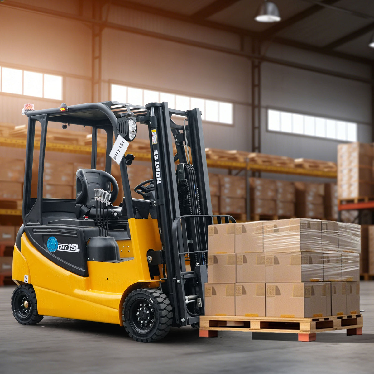 HUAYEE FHY15L 1.2-Ton Electric Forklift – Lithium Powered, 4-Wheel Seated Forklift with 3-Meter Full Free Lift Mast for Containers & Narrow Aisles