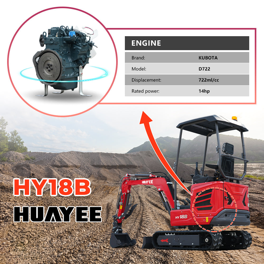 HUAYEE HY18B | Mini Excavator with 14hp Kubota Engine | Hydraulic Thumb, Side Swing & Canopy