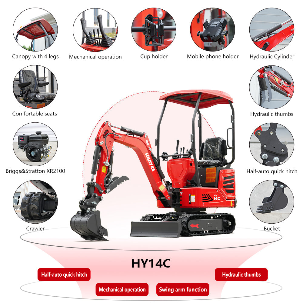 HUAYEE HY14C | Mini Excavator with Hydraulic Thumb & Side Swing Boom - 13.5hp B&S Engine