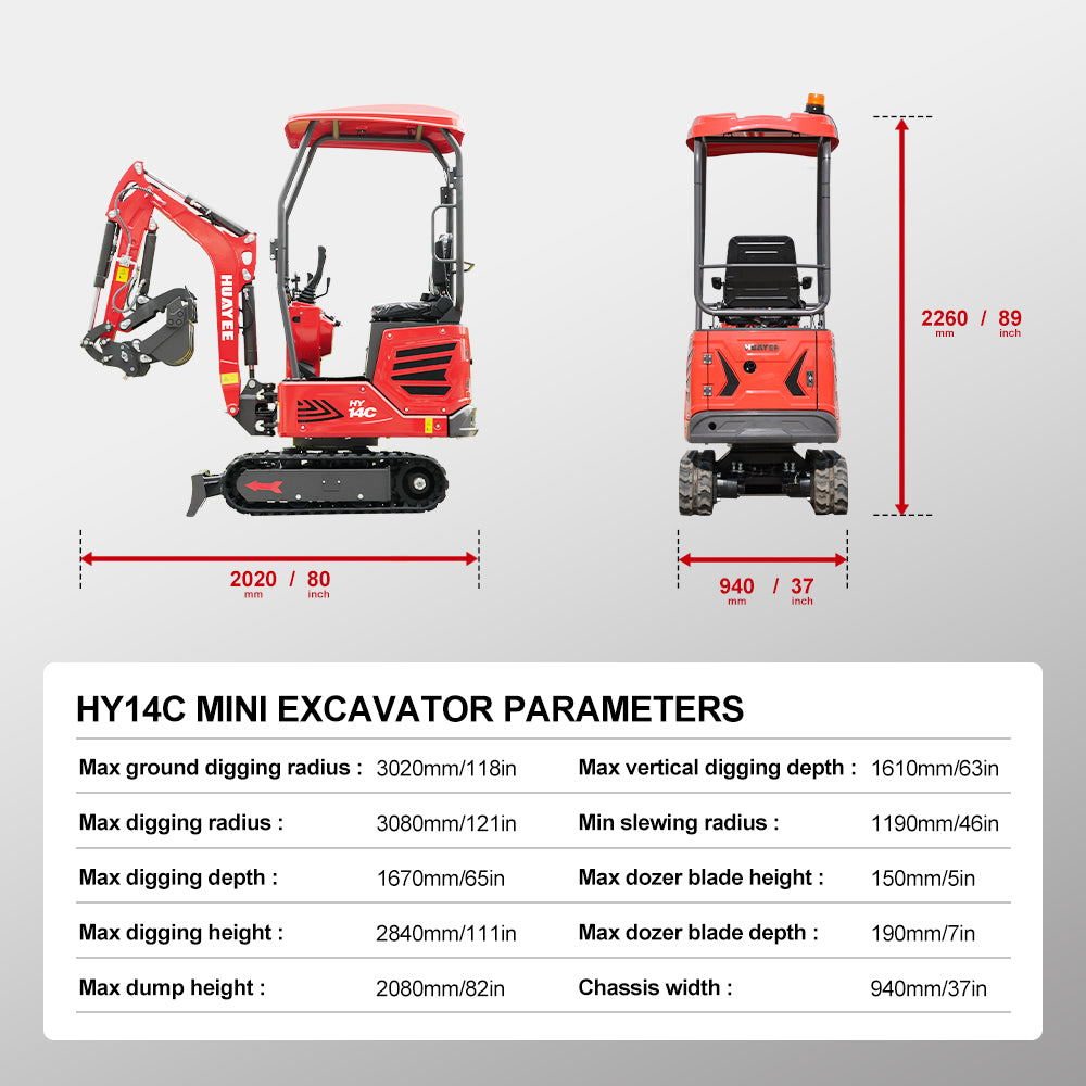 HUAYEE HY14C | Mini Excavator with Hydraulic Thumb & Side Swing Boom - 13.5hp B&S Engine