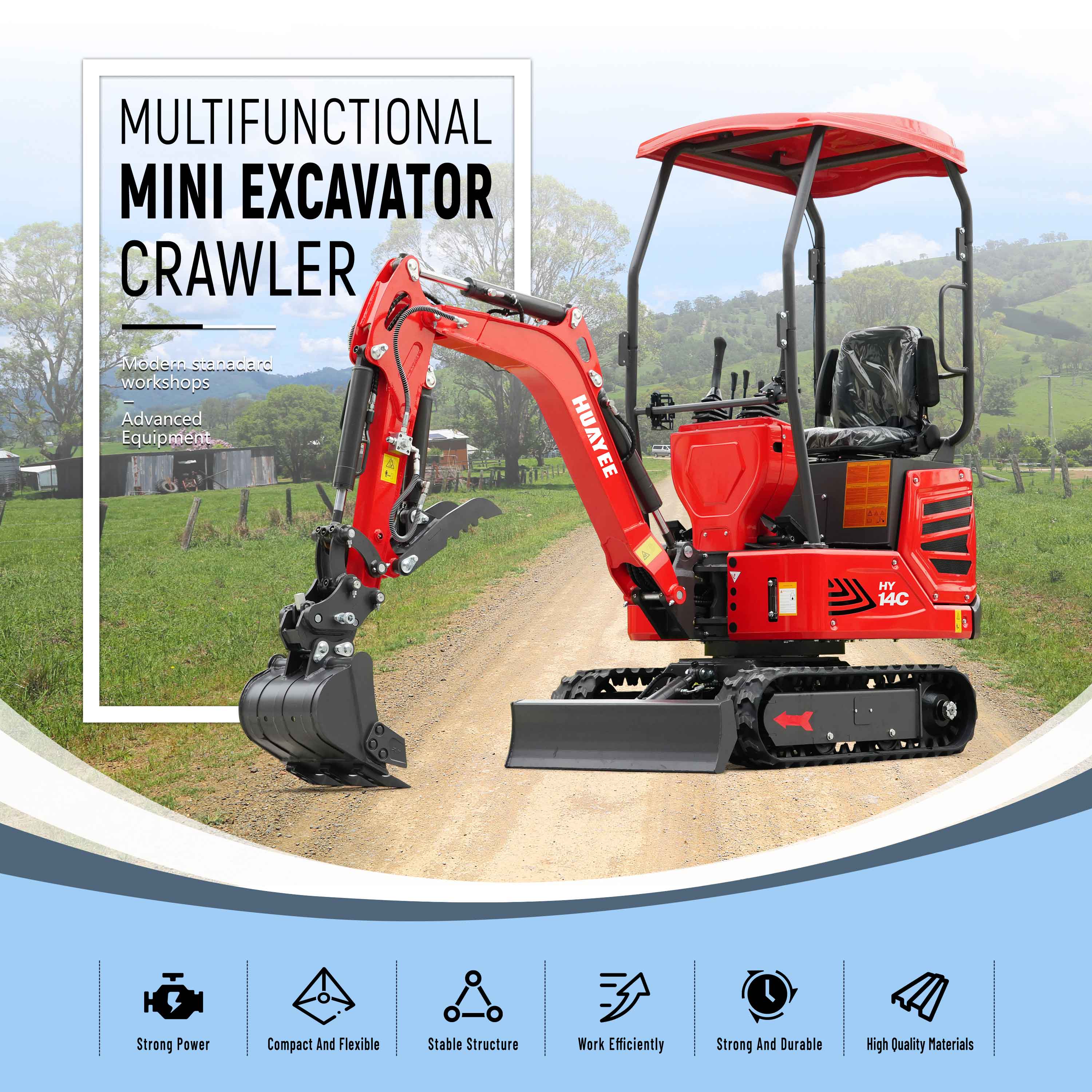 HUAYEE HY14C | Mini Excavator with Hydraulic Thumb & Side Swing Boom - 13.5hp B&S Engine