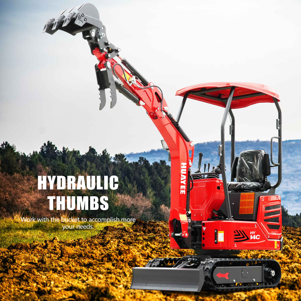 HUAYEE HY14C | Mini Excavator with Hydraulic Thumb & Side Swing Boom - 13.5hp B&S Engine