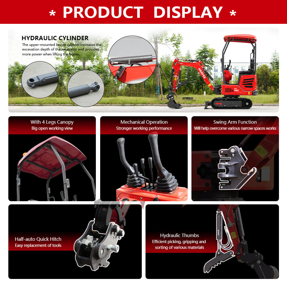 HUAYEE HY14C | Mini Excavator with Hydraulic Thumb & Side Swing Boom - 13.5hp B&S Engine