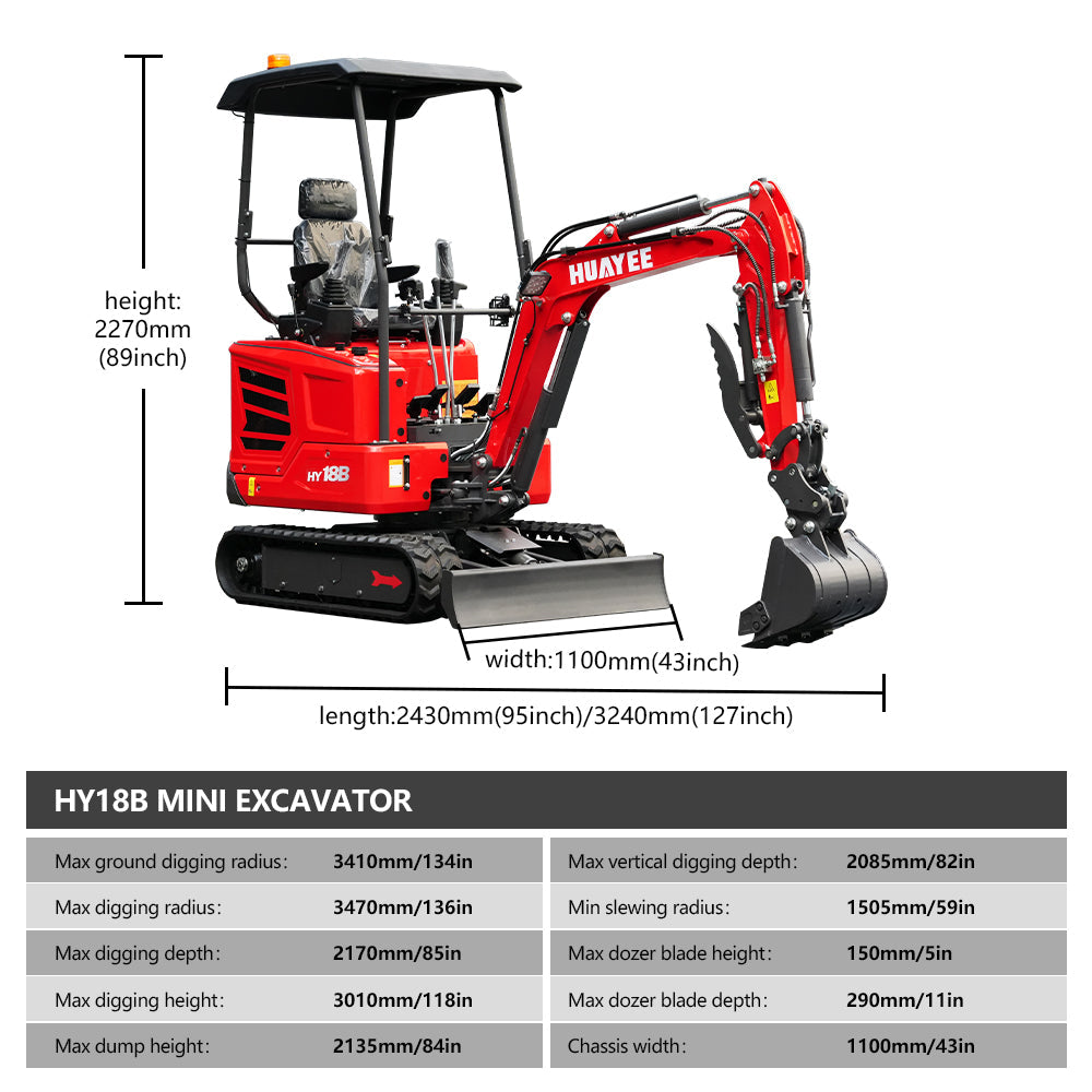 HUAYEE HY18B | Mini Excavator with 14hp Kubota Engine | Hydraulic Thumb, Side Swing & Canopy
