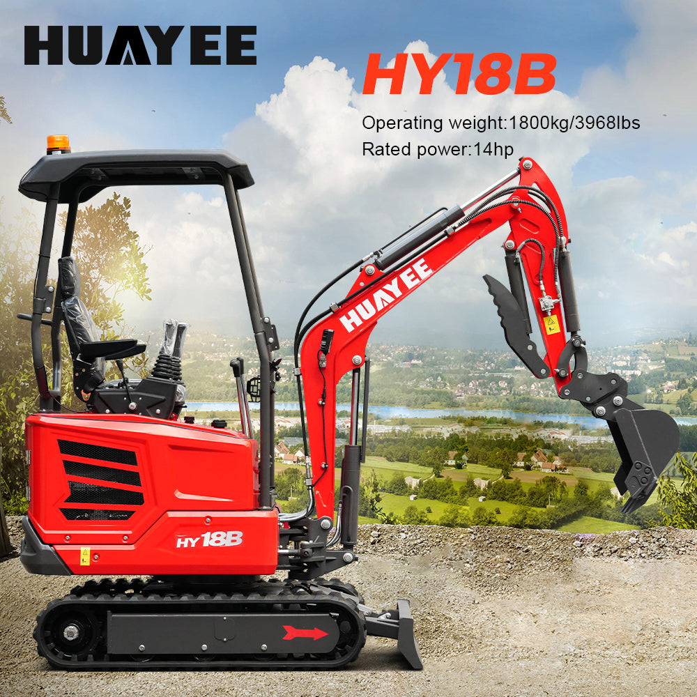 HUAYEE HY18B | Mini Excavator with 14hp Kubota Engine | Hydraulic Thumb, Side Swing & Canopy