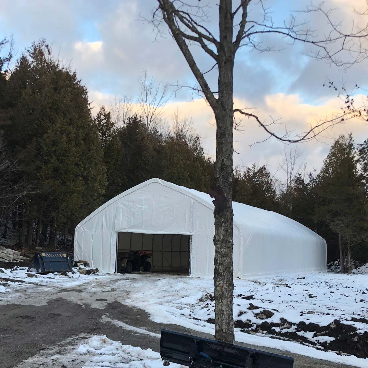 TMG Industrial 30' x 50' Straight Wall Peak Ceiling Storage Shelter with Heavy Duty 11 oz PE Cover & Drive Through Doors, TMG-ST3050E(Previously ST3050)