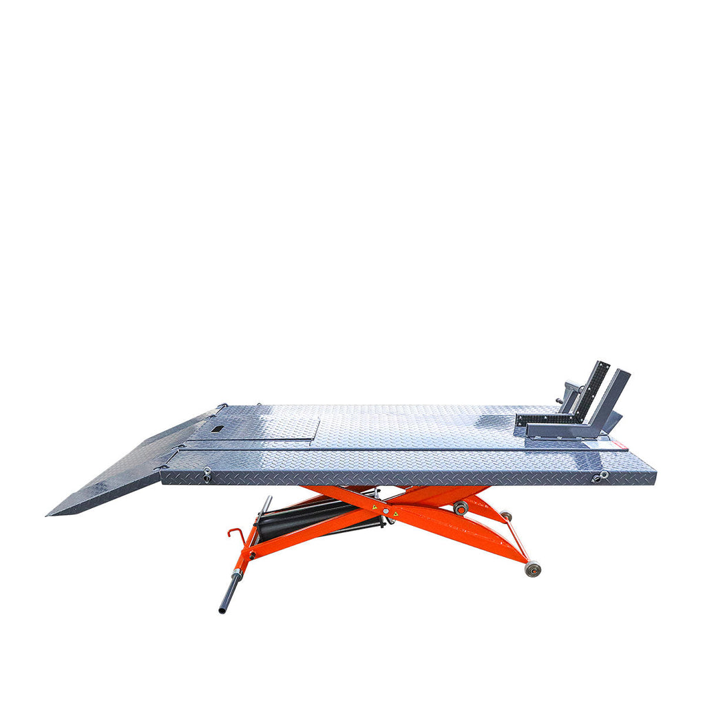 TMG Industrial 1000 lb Portable Motorcycle/ATV Scissor Lift, 44” Work Platform, 10” Side Panel Extensions, Front Vise Kit, TMG-1000PML