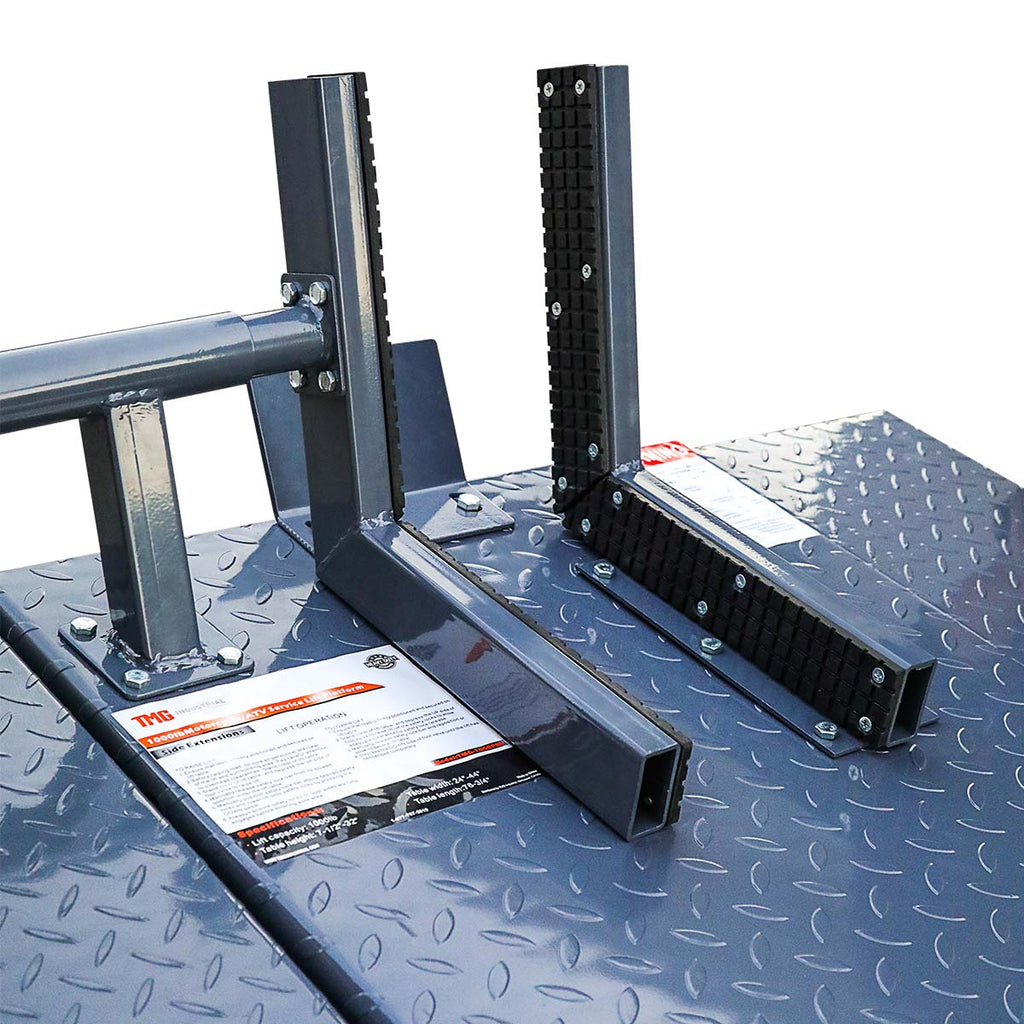 TMG Industrial 1000 lb Portable Motorcycle/ATV Scissor Lift, 44” Work Platform, 10” Side Panel Extensions, Front Vise Kit, TMG-1000PML
