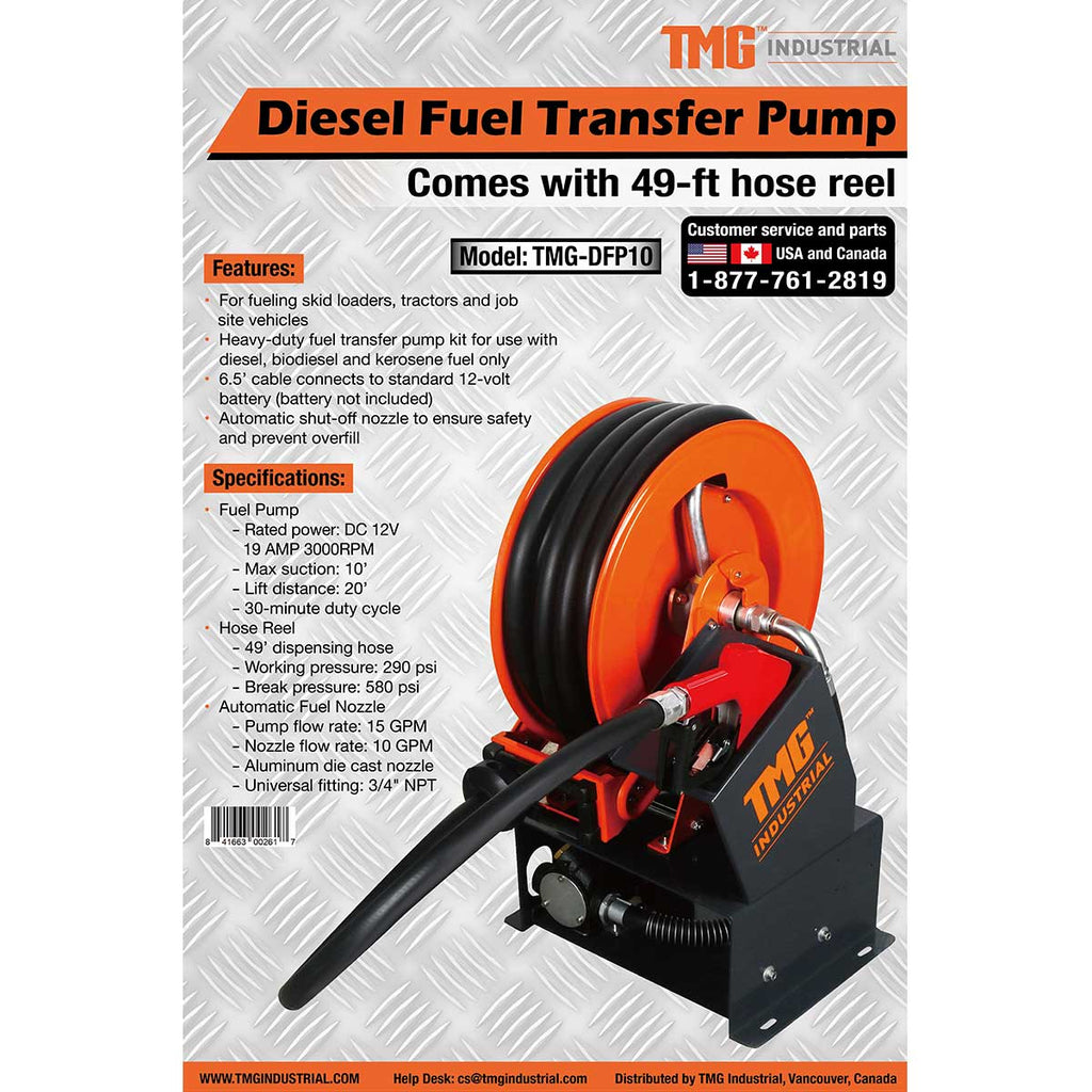 TMG Industrial Portable Diesel Transfer Pump w/49’ Hose Reel, Auto Shut Off, DC 12-Volt, 15 GPM, TMG-DFP10