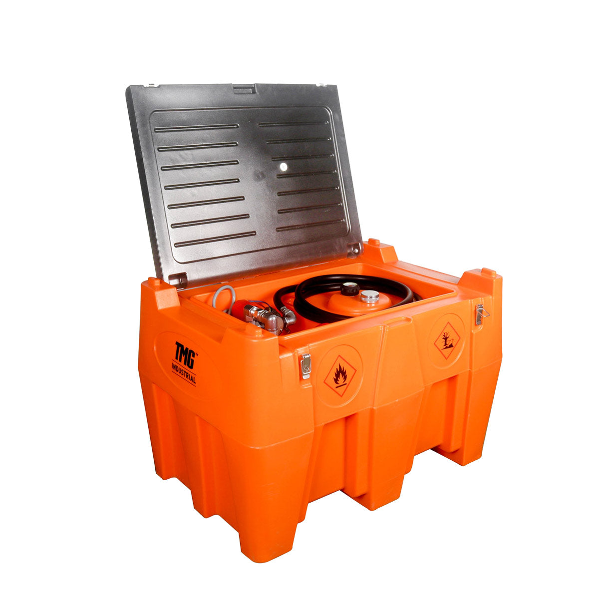 TMG Industrial 116 Gallon Diesel Poly Fuel Tank, Ratchet Strap Recesses, 10 GPM Fuel Pump, Lockable Lid, Reinforced Single Wall Design, TMG-DFT116
