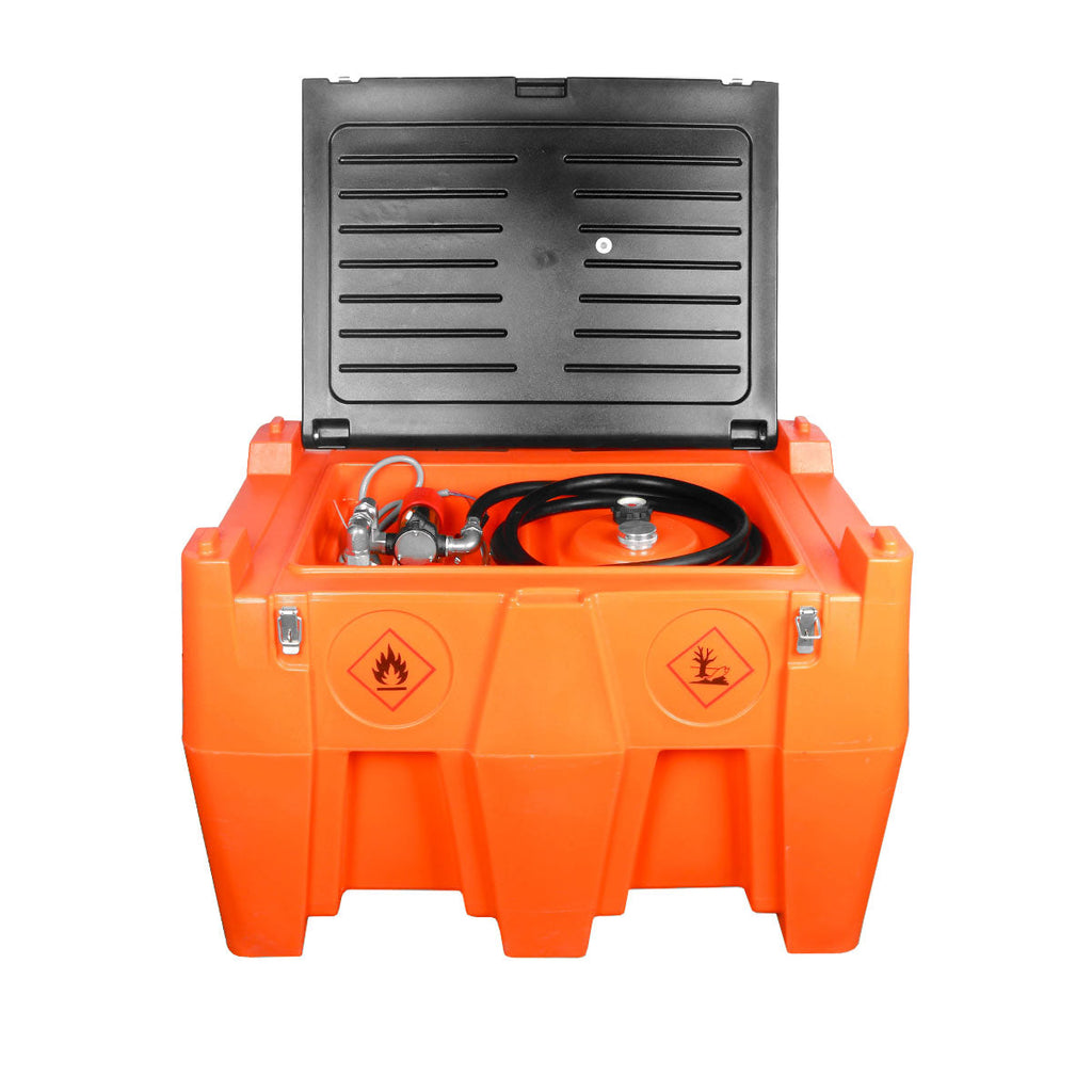 TMG Industrial 116 Gallon Diesel Poly Fuel Tank, Ratchet Strap Recesses, 10 GPM Fuel Pump, Lockable Lid, Reinforced Single Wall Design, TMG-DFT116