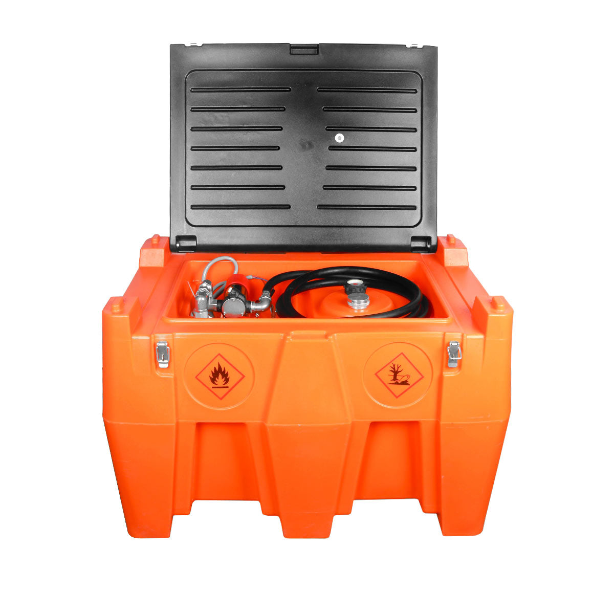 TMG Industrial 116 Gallon Diesel Poly Fuel Tank, Ratchet Strap Recesses, 10 GPM Fuel Pump, Lockable Lid, Reinforced Single Wall Design, TMG-DFT116
