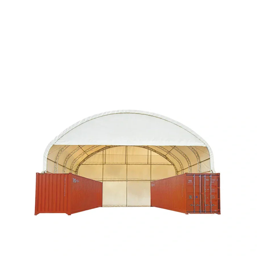 TMG Industrial 40' x 40' Dual Truss Container Shelter with Heavy Duty 21 oz PVC Cover, Enclosed End Wall & Front Drop, TMG-DT4041CF (DT4040CF)