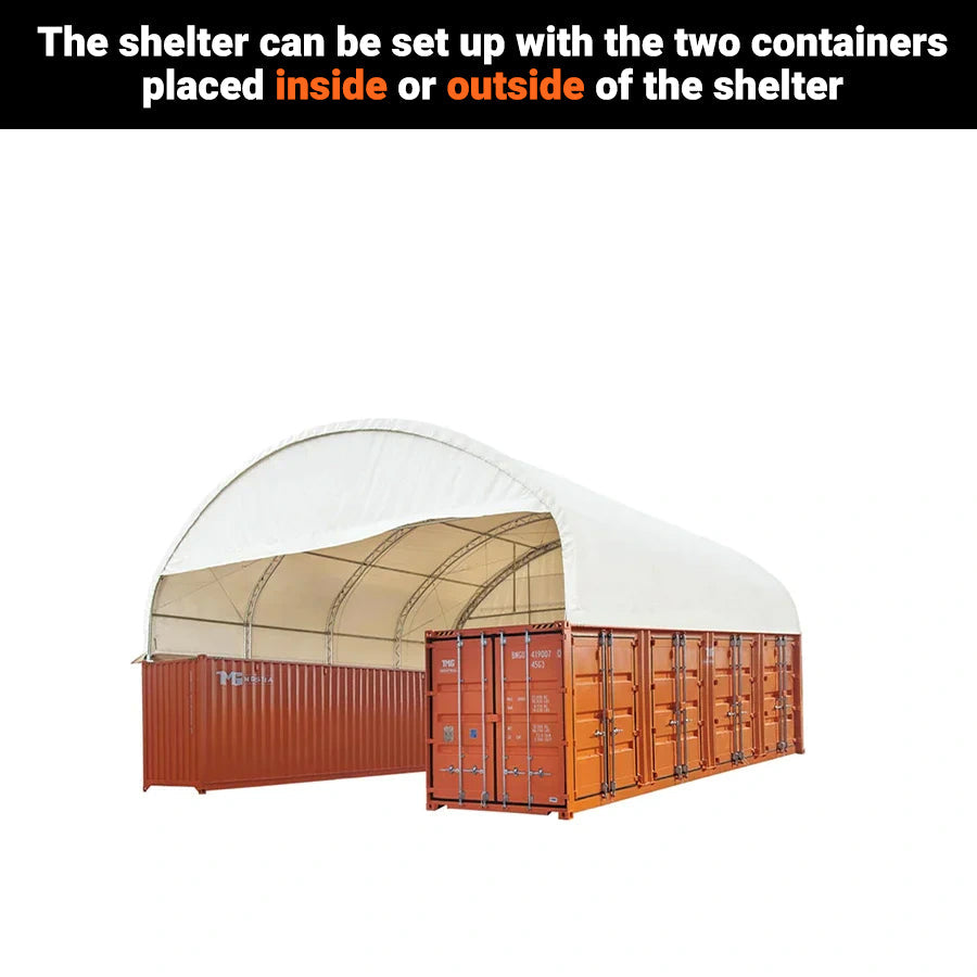 TMG Industrial 40' x 40' Dual Truss Container Shelter with Heavy Duty 21 oz PVC Cover, Enclosed End Wall & Front Drop, TMG-DT4041CF (DT4040CF)