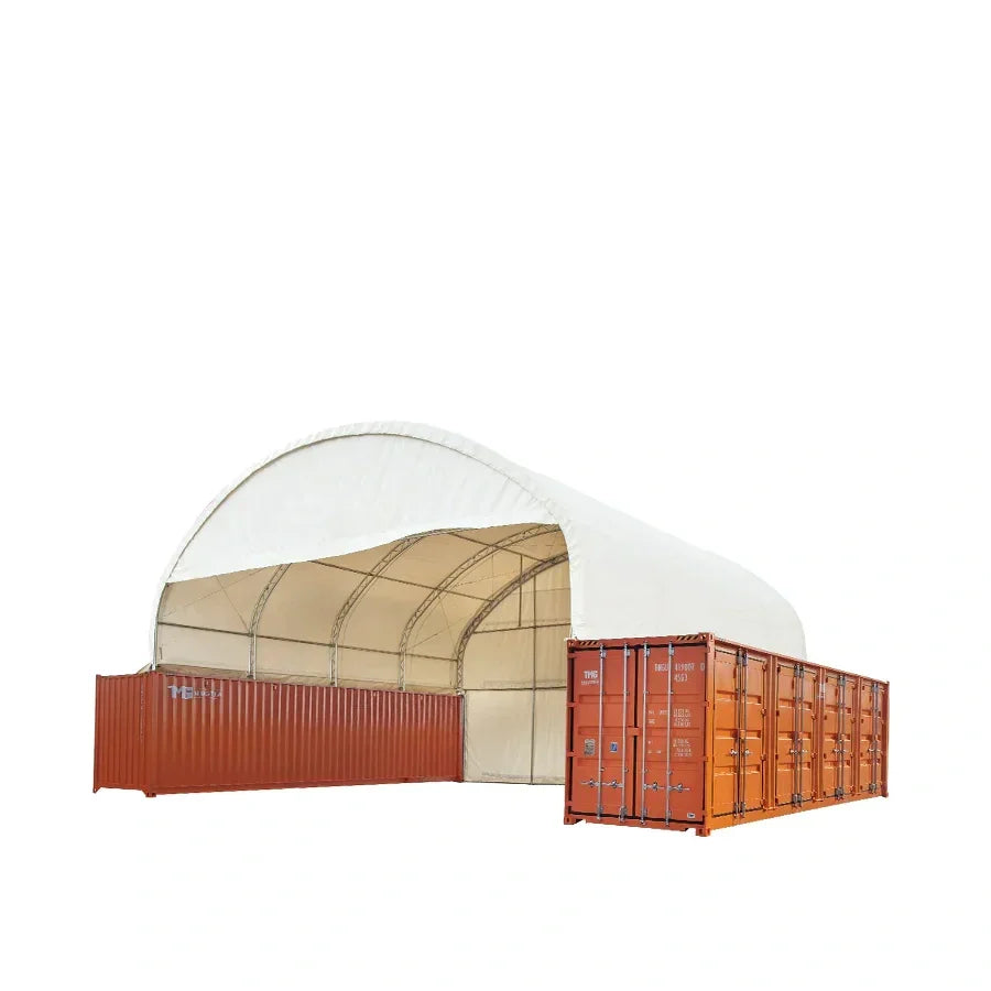 TMG Industrial 40' x 40' Dual Truss Container Shelter with Heavy Duty 21 oz PVC Cover, Enclosed End Wall & Front Drop, TMG-DT4041CF (DT4040CF)
