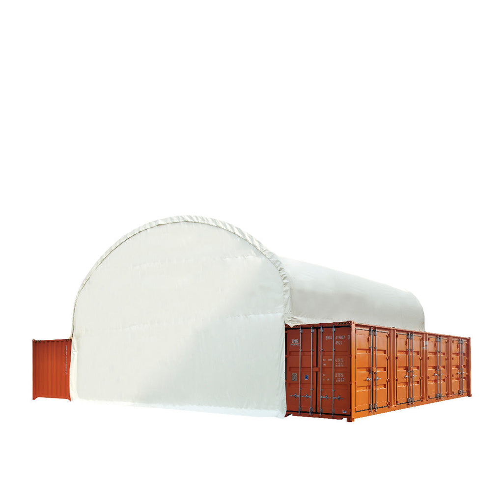 TMG Industrial 40' x 40' Dual Truss Container Shelter with Heavy Duty 21 oz PVC Cover, Enclosed End Wall & Front Drop, TMG-DT4041CF (DT4040CF)
