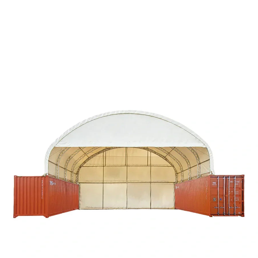TMG Industrial 40' x 40' Dual Truss Container Shelter with Heavy Duty 21 oz PVC Cover, Enclosed End Wall & Front Drop, TMG-DT4041CF (DT4040CF)