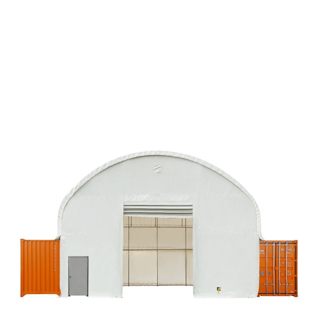 TMG Industrial 40' x 40' Dual Truss Container Shelter with Heavy Duty 21 oz PVC Cover, Fully Enclosed front and back endwalls, TMG-DT4041CG
