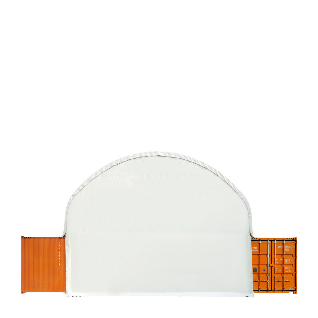 TMG Industrial 40' x 40' Dual Truss Container Shelter with Heavy Duty 21 oz PVC Cover, Fully Enclosed front and back endwalls, TMG-DT4041CG