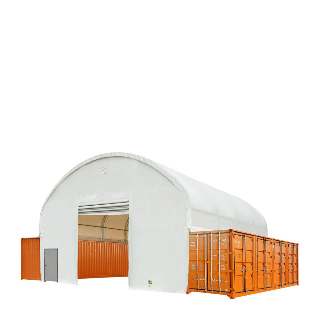 TMG Industrial 40' x 40' Dual Truss Container Shelter with Heavy Duty 21 oz PVC Cover, Fully Enclosed front and back endwalls, TMG-DT4041CG