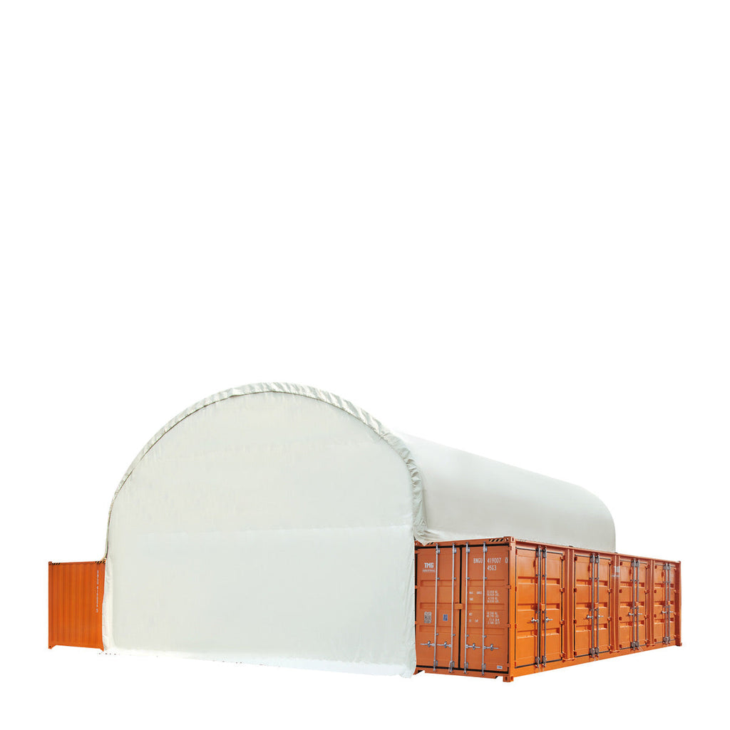 TMG Industrial 40' x 40' Dual Truss Container Shelter with Heavy Duty 21 oz PVC Cover, Fully Enclosed front and back endwalls, TMG-DT4041CG