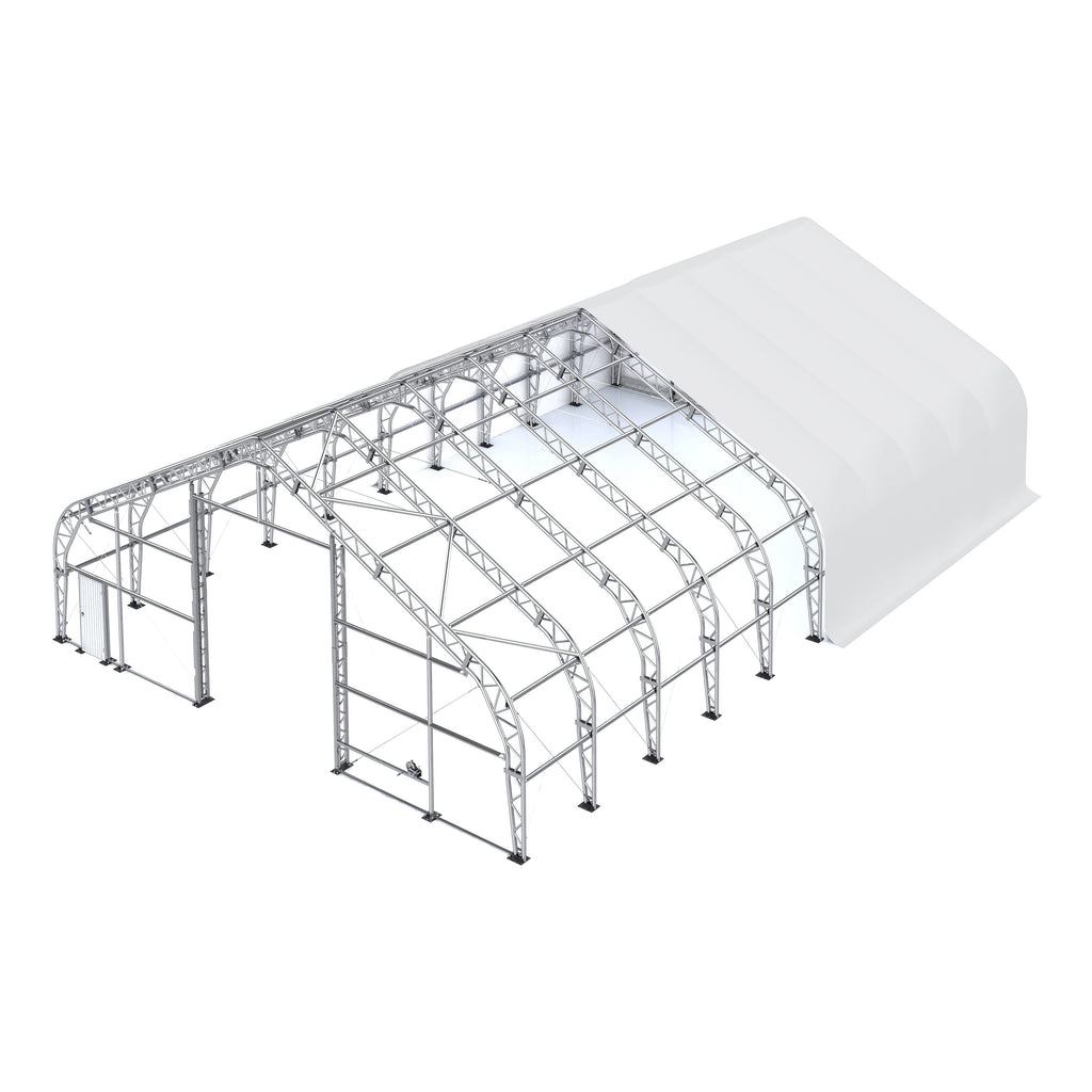 TMG Industrial Pro Series 50' x 100' Dual Truss Storage Shelter with Heavy Duty 32 oz PVC Cover & Drive Through Doors, TMG-DT50100-PRO