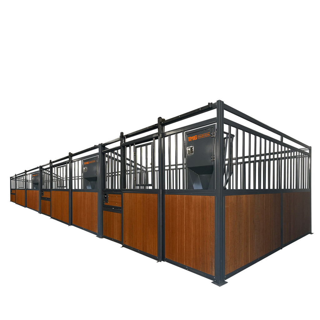 TMG Industrial 12’ Horse Stall Bamboo Panel, Vertical Bar Top, Front panel c/w Window/Feeder and Sliding Door, TMG-FHS13A and FHS13B