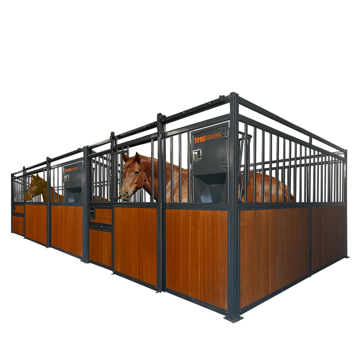 TMG Industrial 12’ Horse Stall Bamboo Panel, Vertical Bar Top, Front panel c/w Window/Feeder and Sliding Door, TMG-FHS13A and FHS13B