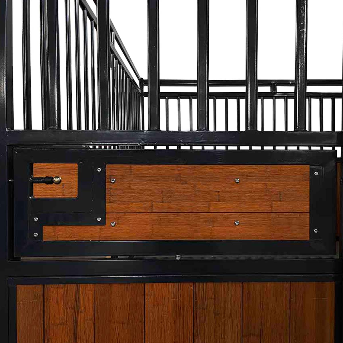 TMG Industrial 12’ Horse Stall Bamboo Panel, Vertical Bar Top, Front panel c/w Window/Feeder and Sliding Door, TMG-FHS13A and FHS13B