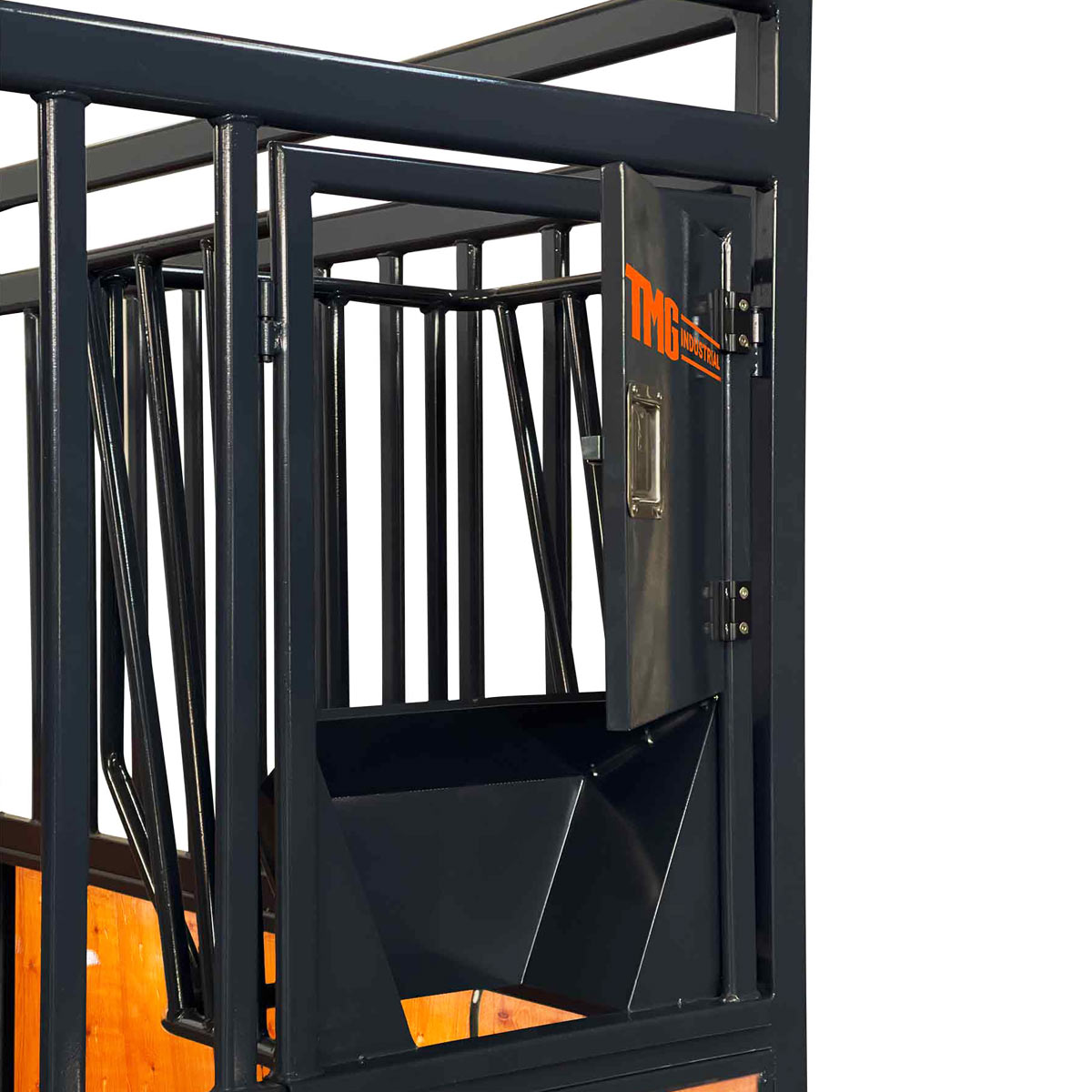 TMG Industrial 12’ Horse Stall Pine Lumber Panel, Vertical Bar Top & Wood-Filled Bottom, Front panel c/w Window/Feeder and Sliding Door, TMG-FHS12A and FHS12B
