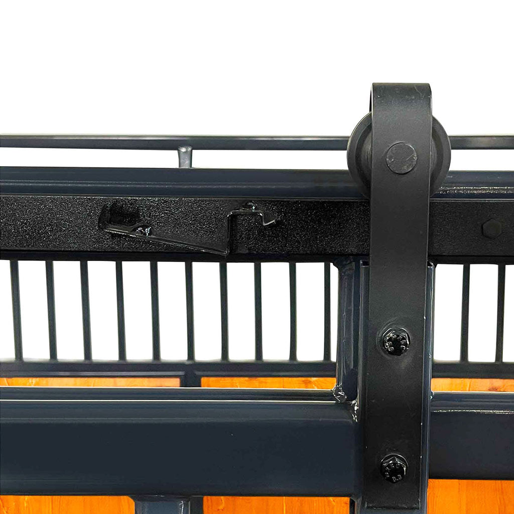 TMG Industrial 12’ Horse Stall Pine Lumber Panel, Vertical Bar Top & Wood-Filled Bottom, Front panel c/w Window/Feeder and Sliding Door, TMG-FHS12A and FHS12B