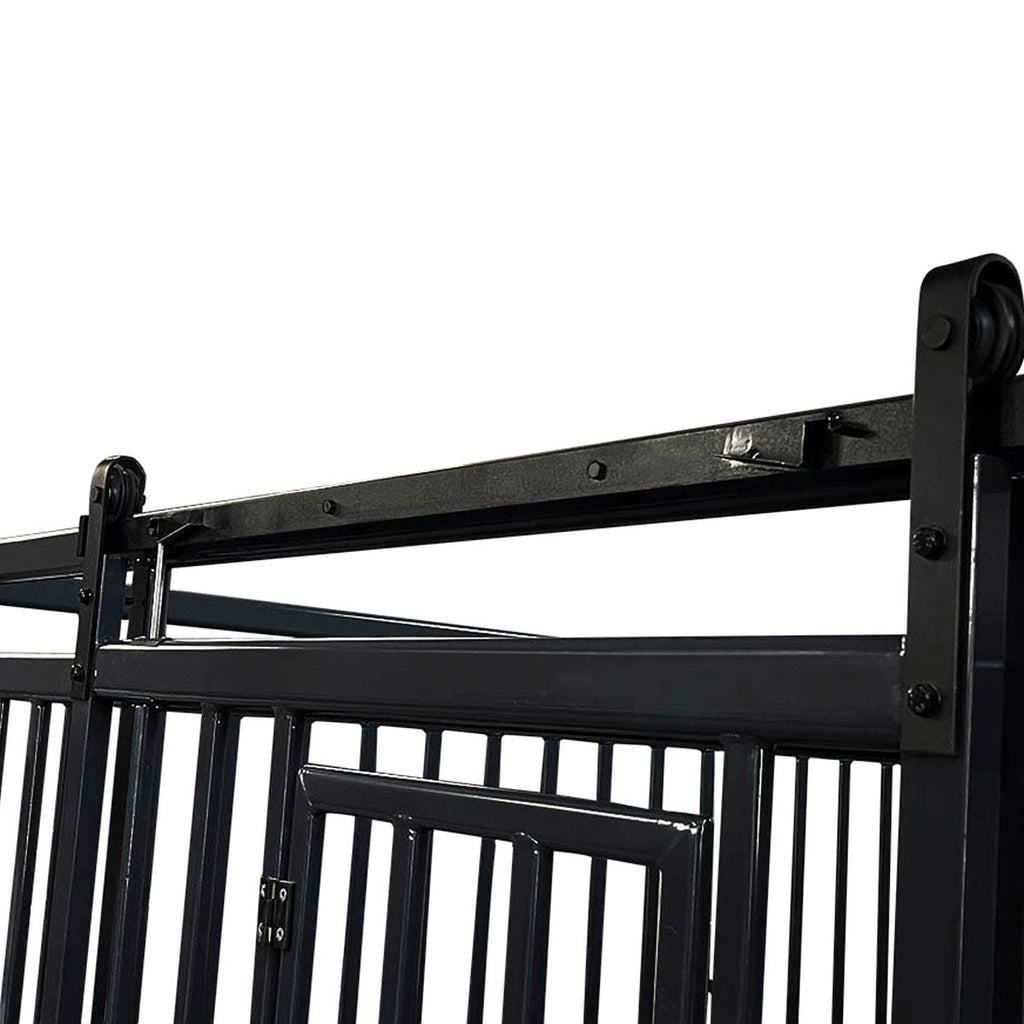 TMG Industrial 12’ Horse Stall Pine Lumber Panel, Vertical Bar Top & Wood-Filled Bottom, Front panel c/w Window/Feeder and Sliding Door, TMG-FHS12A and FHS12B