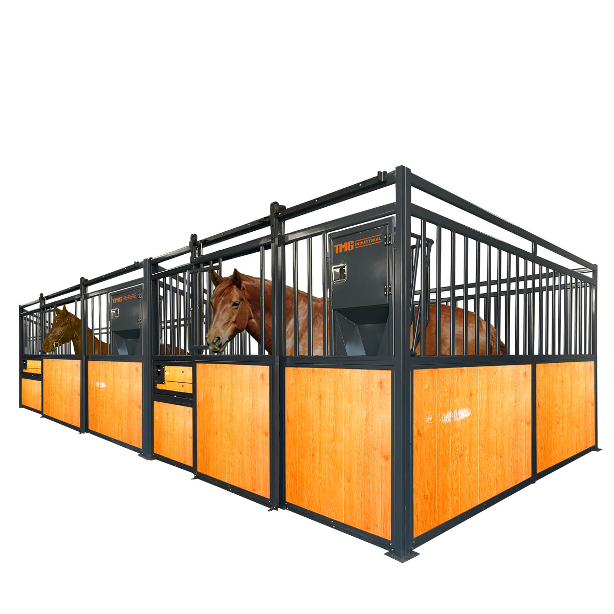TMG Industrial 12’ Horse Stall Pine Lumber Panel, Vertical Bar Top & Wood-Filled Bottom, Front panel c/w Window/Feeder and Sliding Door, TMG-FHS12A and FHS12B