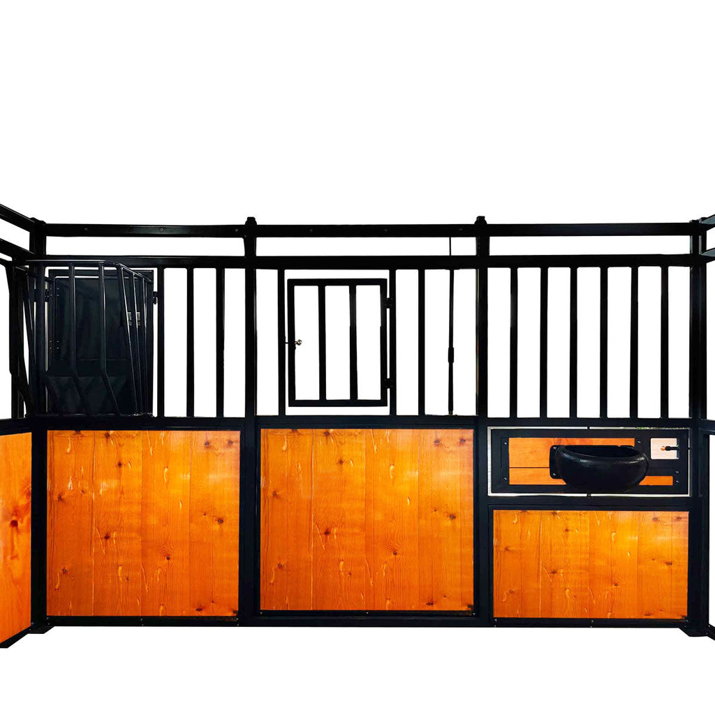 TMG Industrial 12’ Horse Stall Pine Lumber Panel, Vertical Bar Top & Wood-Filled Bottom, Front panel c/w Window/Feeder and Sliding Door, TMG-FHS12A and FHS12B