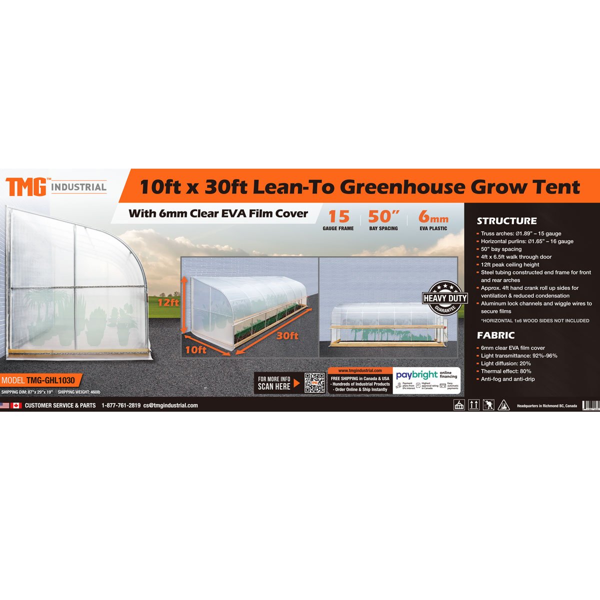 TMG Industrial 10’ x 30’ Lean-To Greenhouse Grow Tent w/6 Mil Clear EVA Plastic Film, Cold Frame, Hand Crank Roll-Up Side, 6-½’ Sidewall, TMG-GHL1030