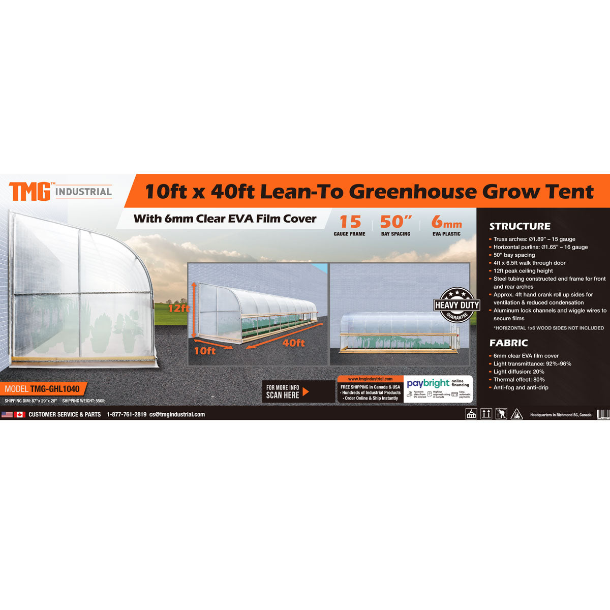 TMG Industrial 10’ x 40’ Lean-To Greenhouse Grow Tent w/6 Mil Clear EVA Plastic Film, Cold Frame, Hand Crank Roll-Up Side, 6-½’ Sidewall, TMG-GHL1040