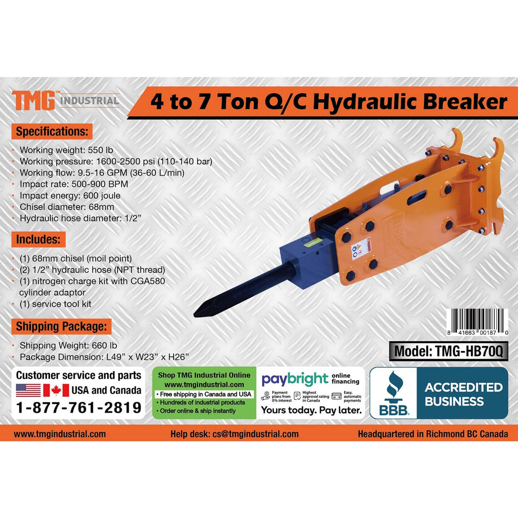TMG Industrial 4-7 Ton Excavator/Backhoe Hydraulic Hammer Breaker, Quick Change (Q/C) Lugging, 2-3/4” Moil Point Chisel, 600 J Impact Energy, TMG-HB70Q