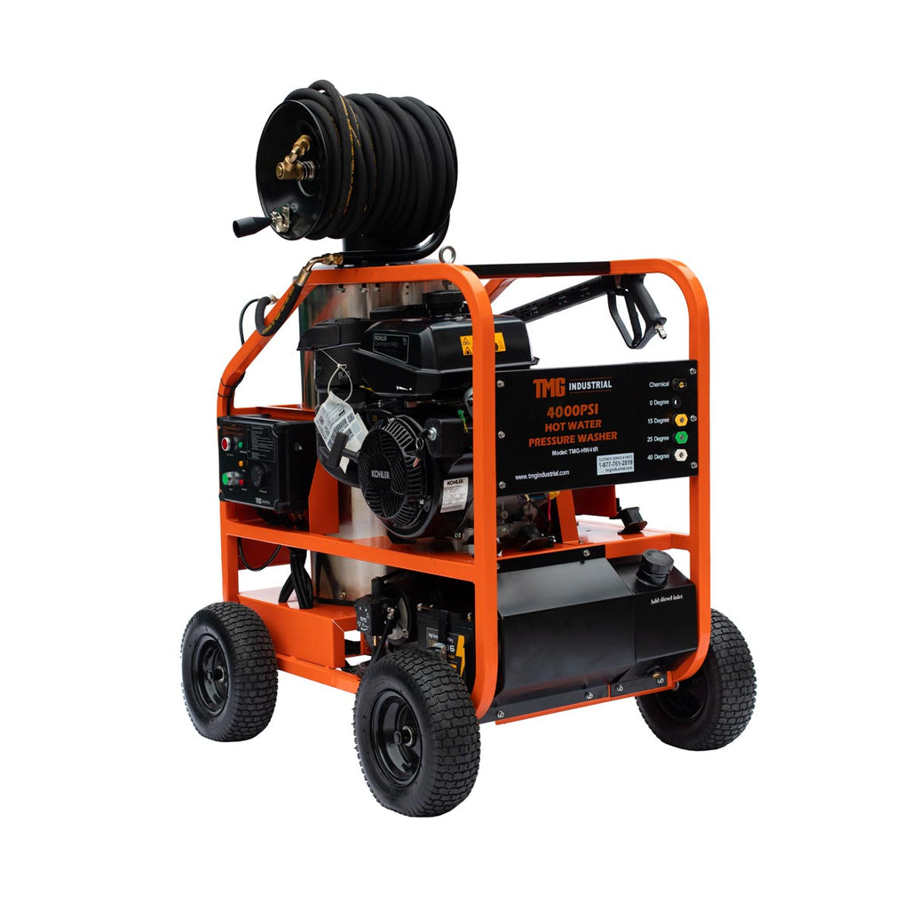 TMG Industrial 4000 PSI Hot Water Pressure Washer with 85’ Hose Reel, 14 HP Kohler Engine, Electric Start, Oil Fired, Triplex Plunger Pump, TMG-HW41R