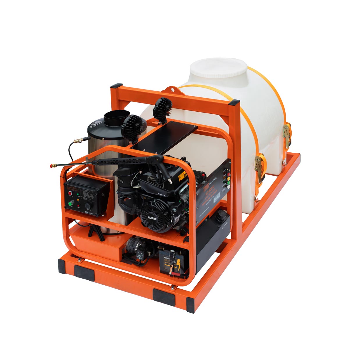 TMG Industrial 4000 PSI Hot Water Pressure Washer with 245 Gallon Water Tank, 14 HP Kohler Engine, Electric Start, Oil Fired, Triplex Plunger Pump, 33' High-Pressure Hose, Two Work Lights, TMG-HW41T
