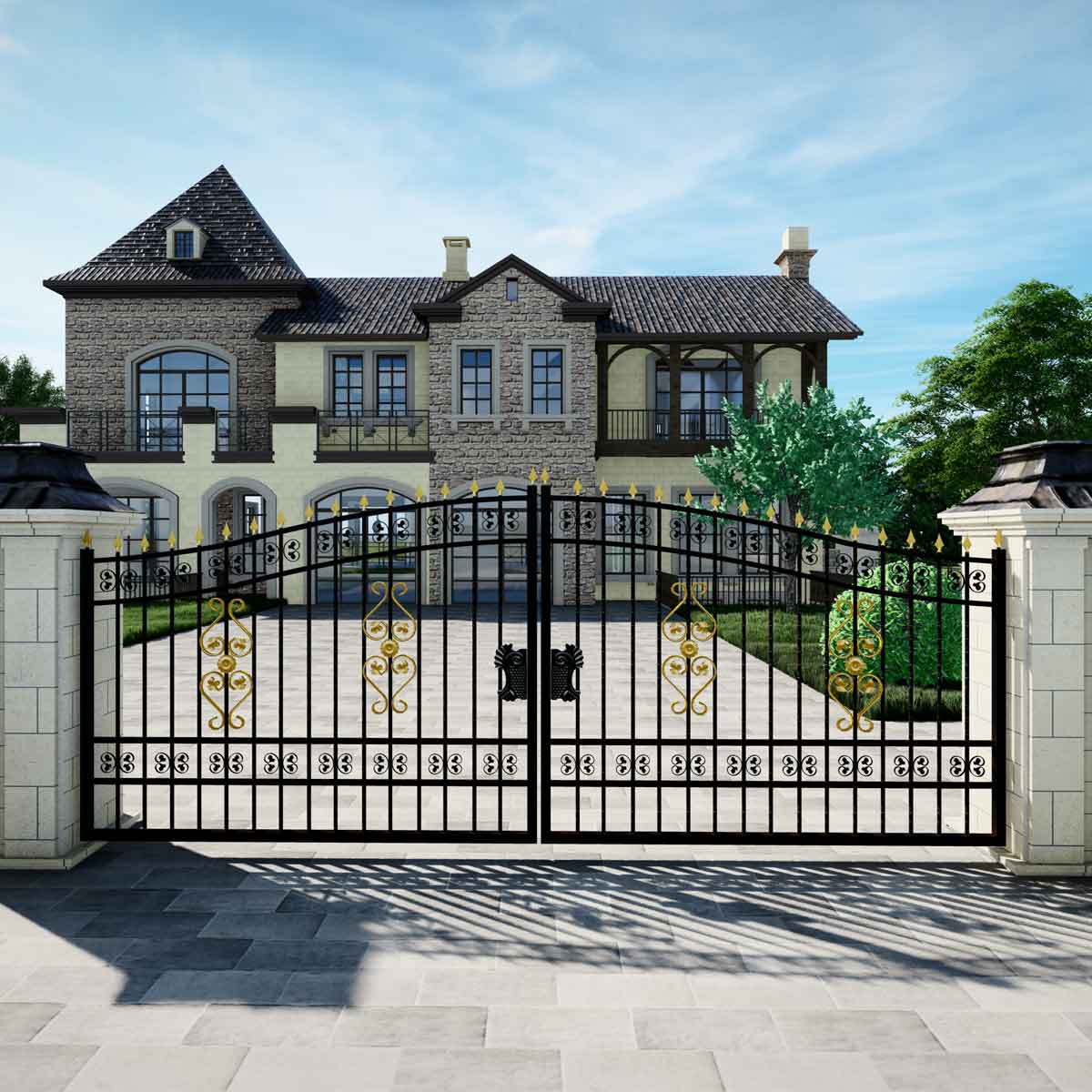 TMG Industrial 16-ft Bi-Parting Deluxe Wrought Iron Ornamental Gate, 100% Solid Forged Steel, Powder Coated, TMG-MG16