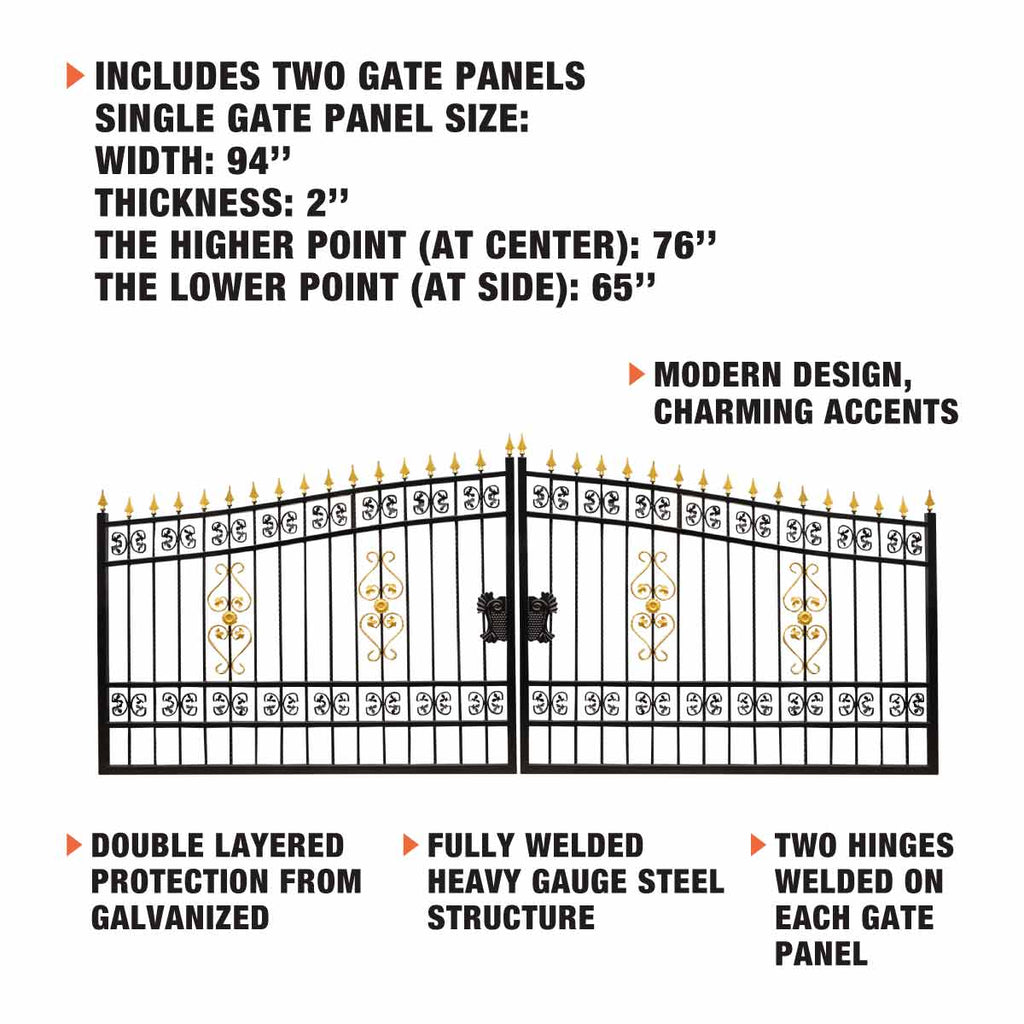 TMG Industrial 16-ft Bi-Parting Deluxe Wrought Iron Ornamental Gate, 100% Solid Forged Steel, Powder Coated, TMG-MG16