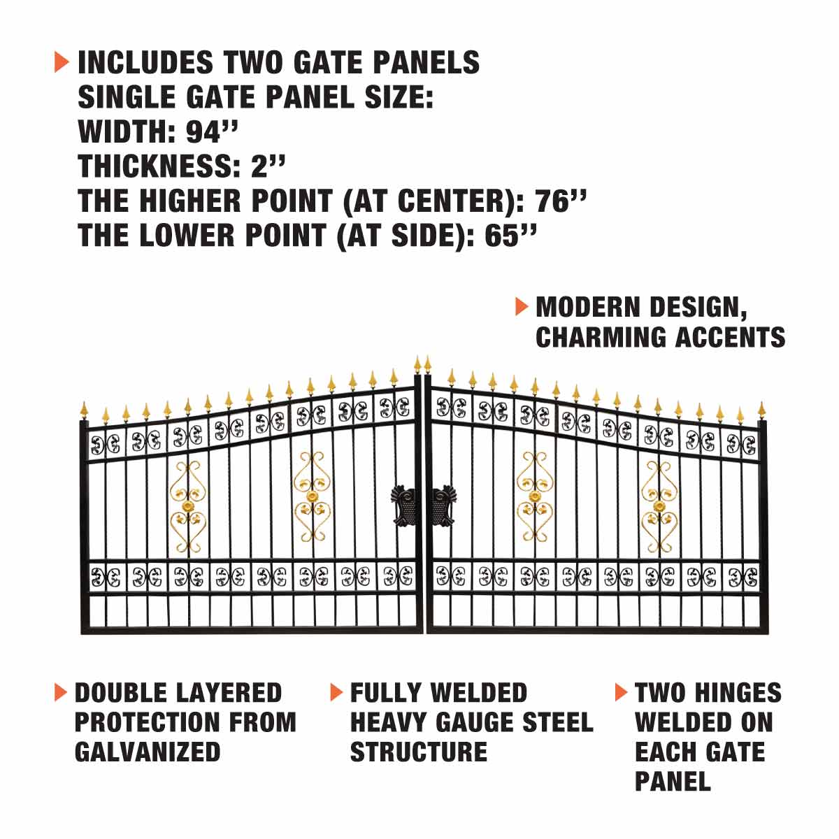 TMG Industrial 16-ft Bi-Parting Deluxe Wrought Iron Ornamental Gate, 100% Solid Forged Steel, Powder Coated, TMG-MG16