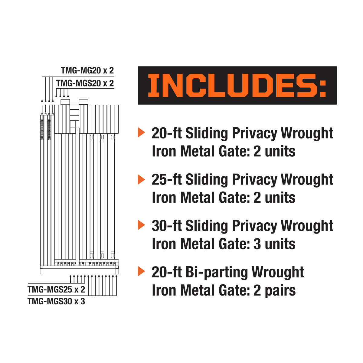 TMG Industrial Ornamental Wrought Iron Metal Gate Combo Package (MGS20 X 2, MGS25 X 2, MGS30 X 3, MG20 X 2), TMG-MGC40