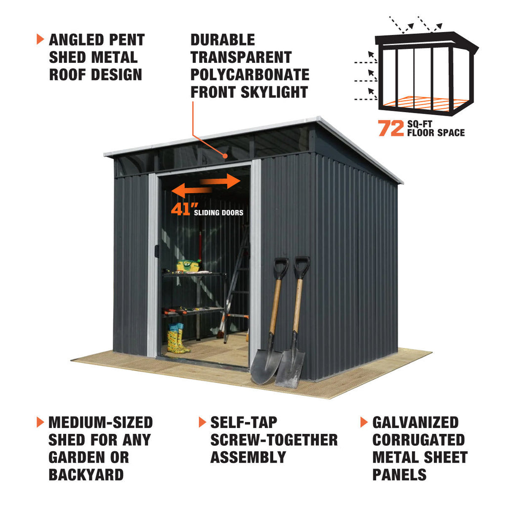 TMG Industrial 8’ x 9’ Galvanized Metal Pent Shed w/Skylight, 29 GA Corrugated Metal, 80” Peak Ceiling, TMG-MS0809P