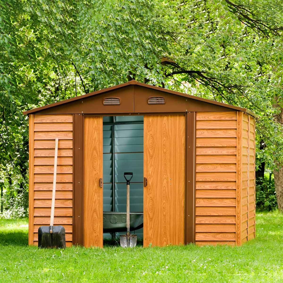 TMG Industrial 11’ x 12’ Wood-Grain Galvanized Apex Roof Metal Shed, 50” Sliding Door, 29 GA Corrugated Metal, 67” Edge Height, TMG-MS1112