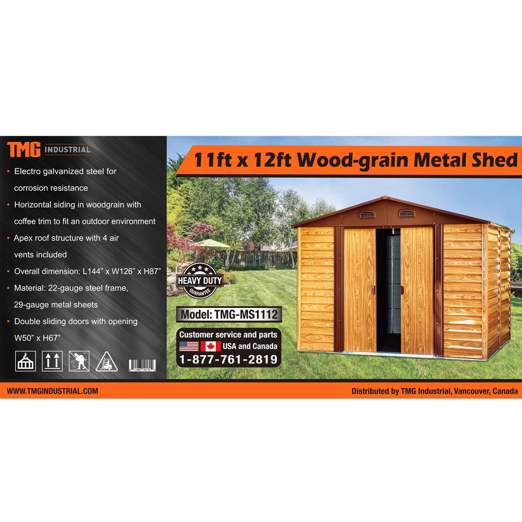 TMG Industrial 11’ x 12’ Wood-Grain Galvanized Apex Roof Metal Shed, 50” Sliding Door, 29 GA Corrugated Metal, 67” Edge Height, TMG-MS1112