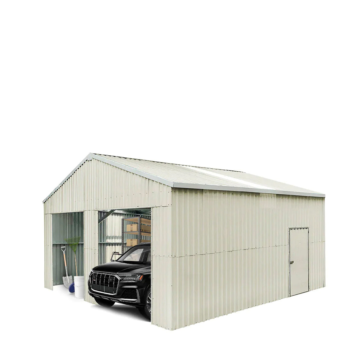 TMG Industrial 25’ x 25’ Double Garage Metal Barn Shed with Side Entry Door, 625 Sq-Ft Floor Space, 9’8” Eave Height, 27 GA Metal, Skylights, 4/12 Roof Pitch, TMG-MS2525