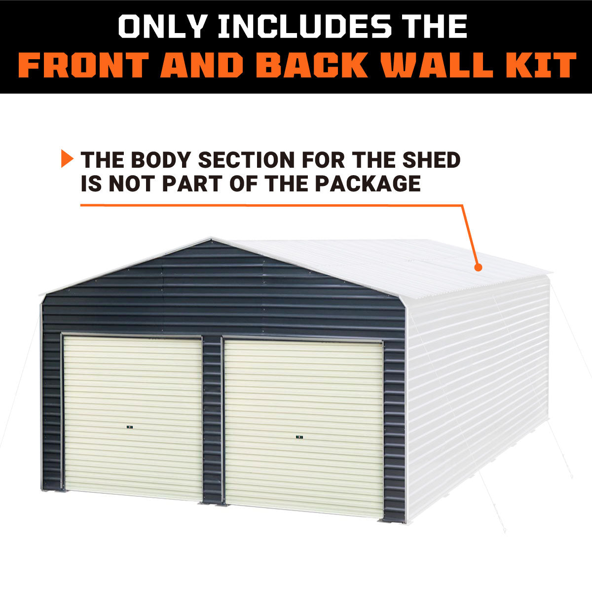 TMG Industrial Metal Shed Carport Add-On Package Kit For TMG-MSC2020F And TMG-MSC2030F , Front Wall w/Roll Up Doors & Back Wall, TMG-MSC20-RD12