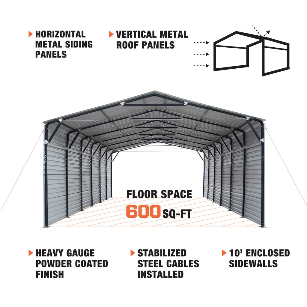 TMG Industrial 20’ x 30’ Metal Shed Carport, 10’ Enclosed Sidewalls, 600 Sq-Ft, 27 GA Corrugated Panels, TMG-MSC2030F
