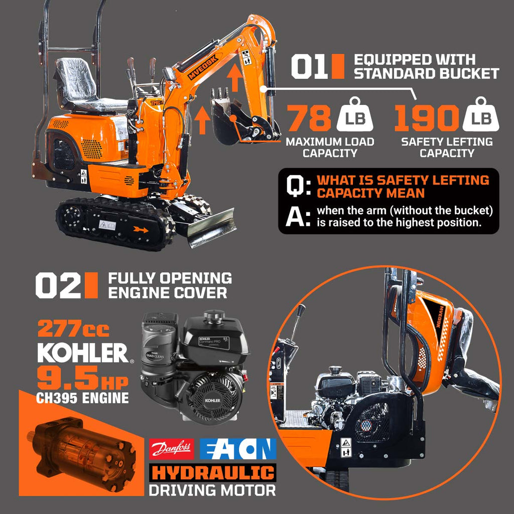 TMG Industrial Kohler Powered Mini Compact Excavator, Eaton Hydraulic Motor, 360° Rotation, 11" Bucket Included, TMG-MVE09K